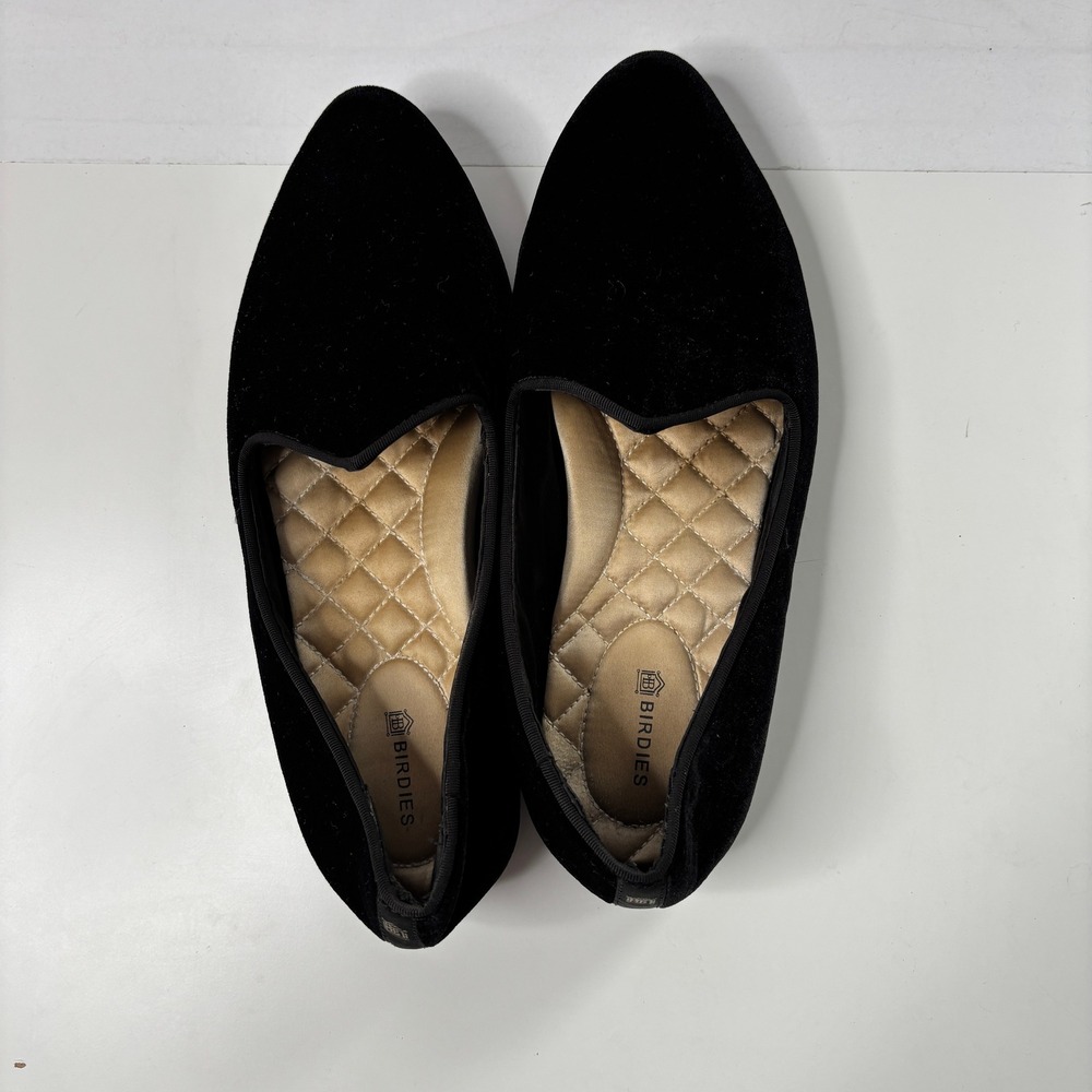 Birdies Black Velvet Pointed Toe Quilted-Insole Flats